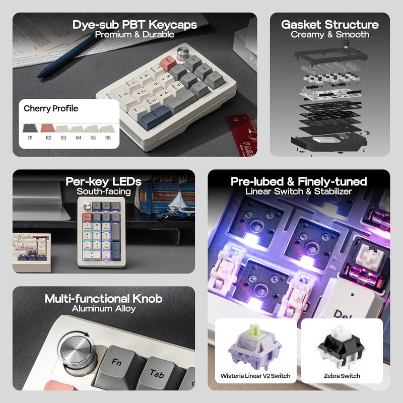 EPOMAKER EK21 VIA Gasket Number Pad with 1000mAh Battery, BT 5.0/2.4GHz/Wired Hot-Swap Numpad with Aluminum Alloy knob, Programmable for Win/Mac/Gaming (Retro White, Wisteria V2 Switch) - Image 5